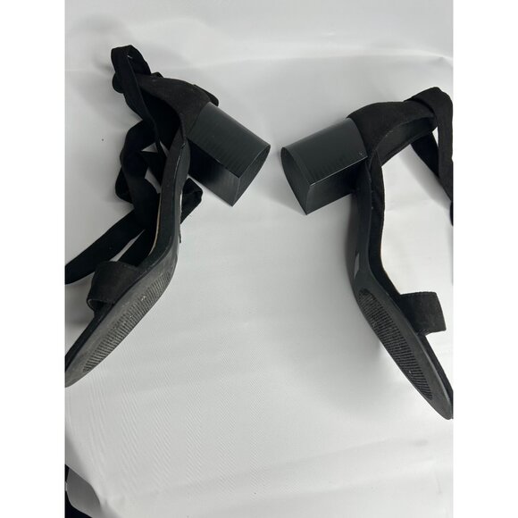 Black Suede Open Toe Block Heel Sandals With Ankle Strap Tie-Up Size 10 - Picture 8 of 8